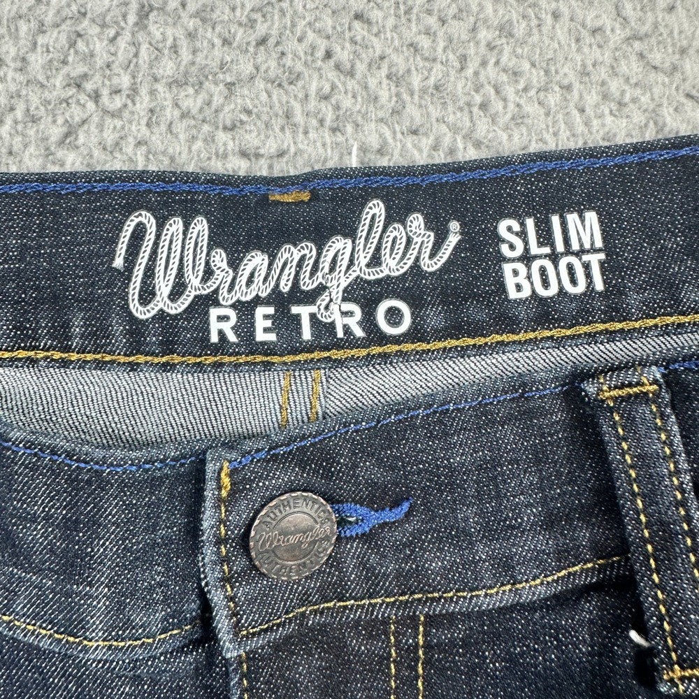 Wrangler Retro Slim Boot Jeans Mens 34x30 Dark Blue Denim Stretch Western Cowboy - Picture 5 of 10